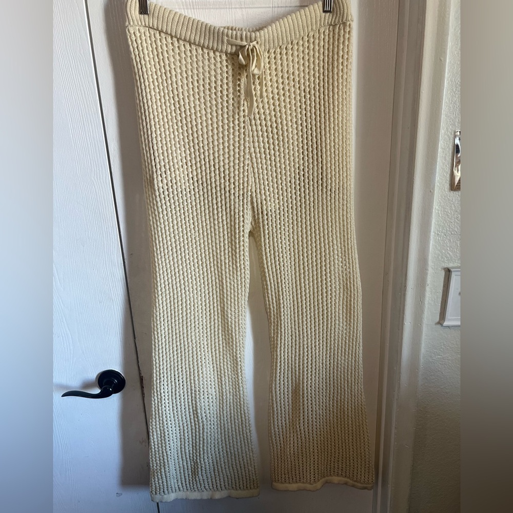 Earthbound Crochet Knit Flare Pants Cream Size XL Lined Pull On Elastic Waist